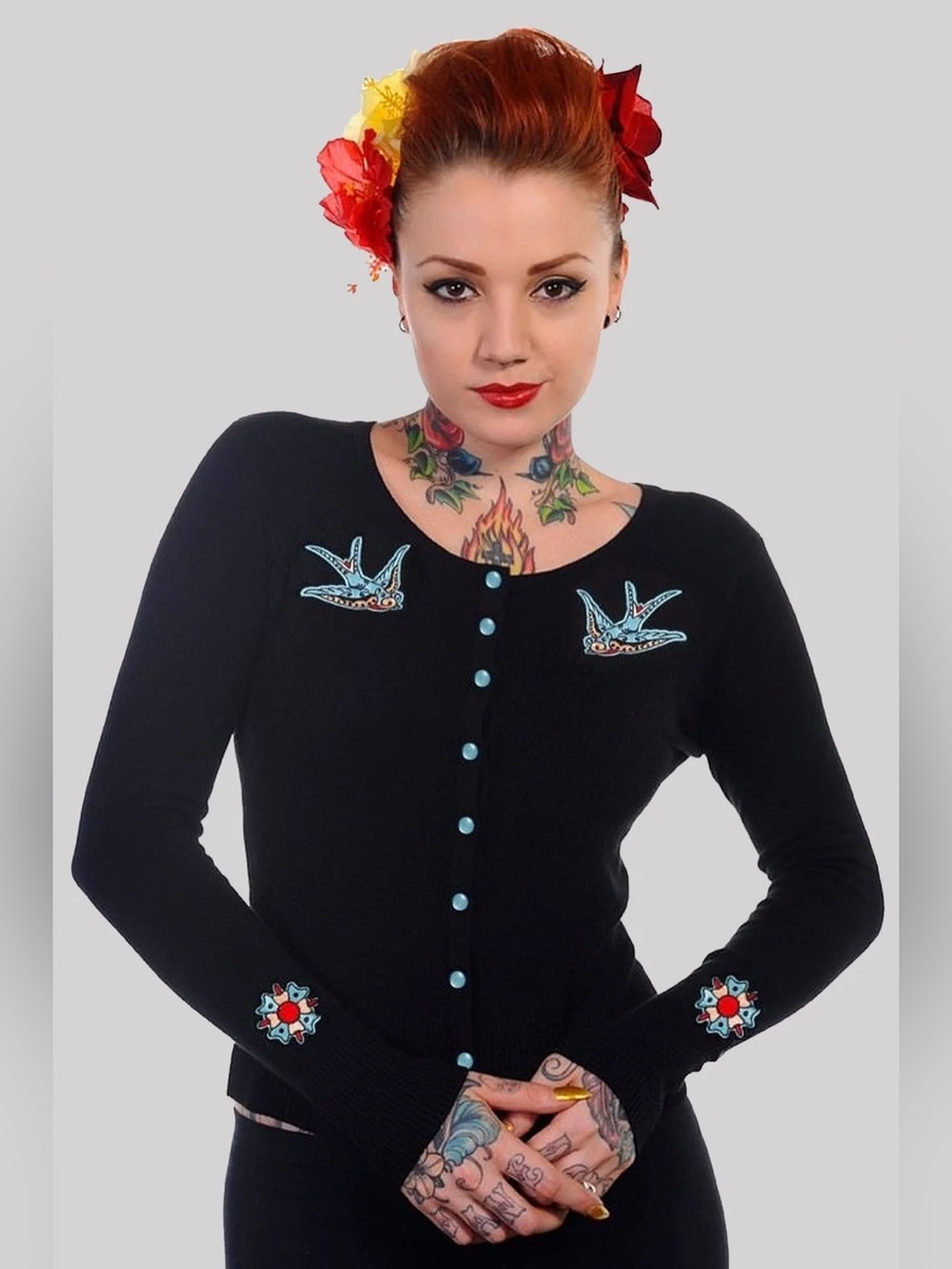 Banned Retro Swallow Sparrow Bird Embroidered Cardigan Sweater Black Blue 3X NEW